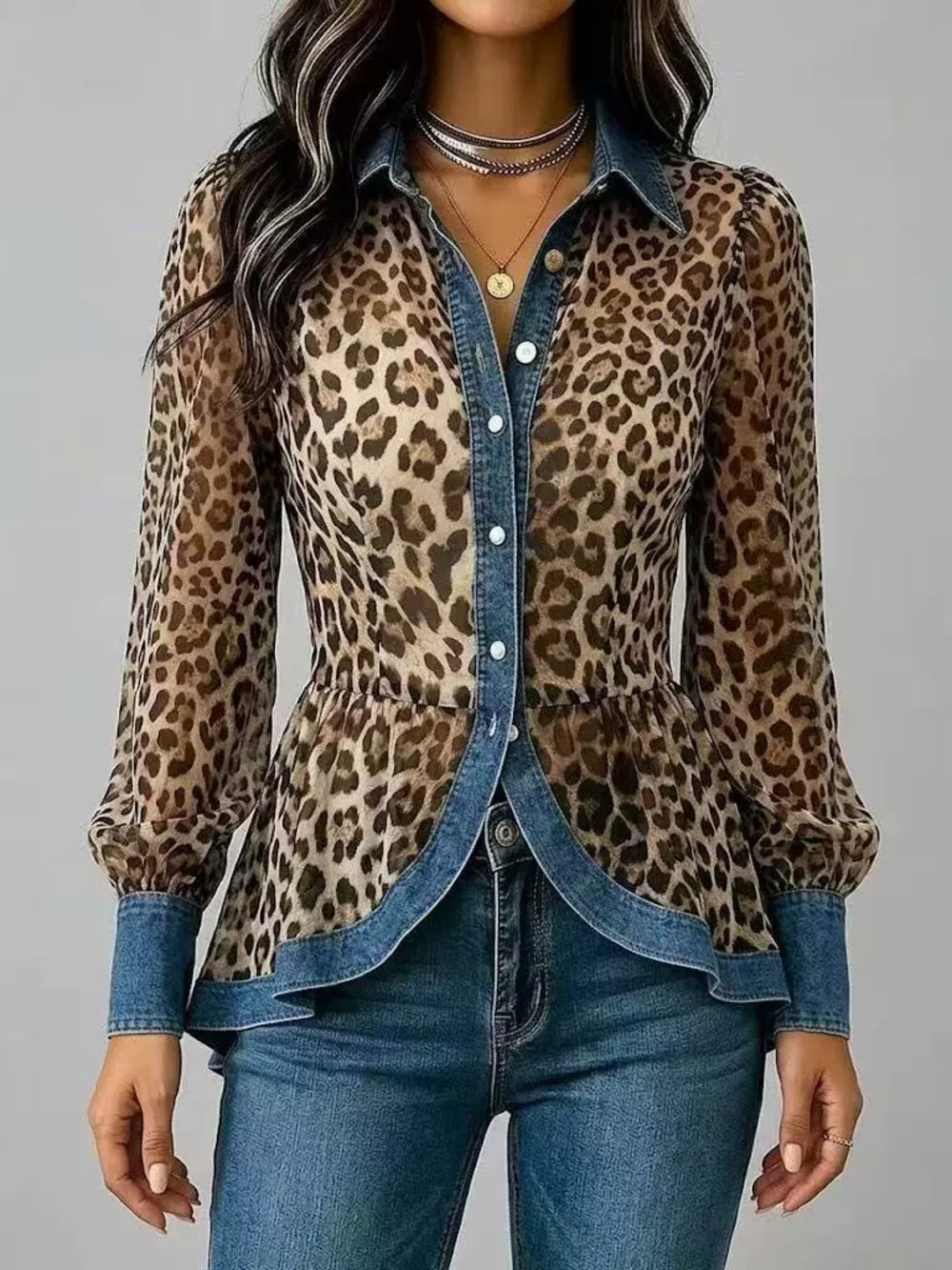 ZARA Womens Leopard Print Patchwork Denim Long Sleeve Shirt
